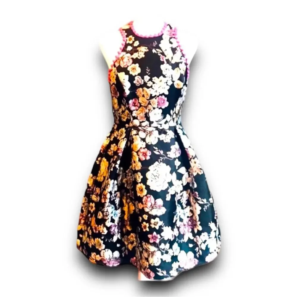 LAUNDRY black pink floral brocade Pom Pom trimmed Fit and Flare dress SZ 0 - Picture 11 of 11